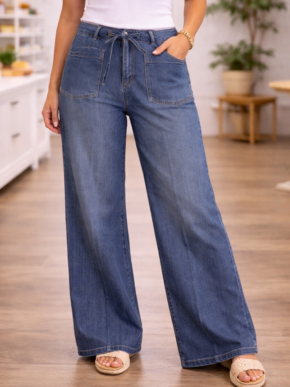 High-Rise Wide Leg Tie-Waist Jeans - Blue - Picture 1 of 6